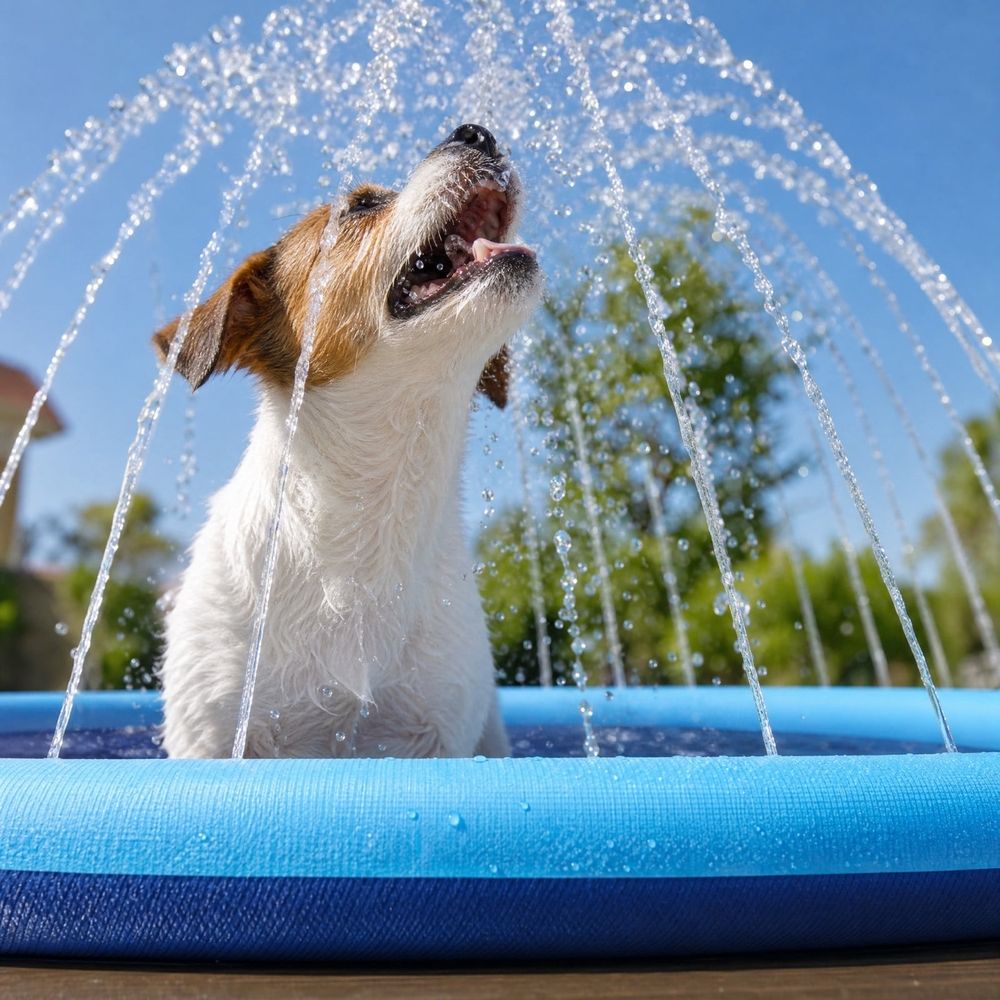 Jack Russell terrier catching water from the Dog Splash Pad sprinkler jets