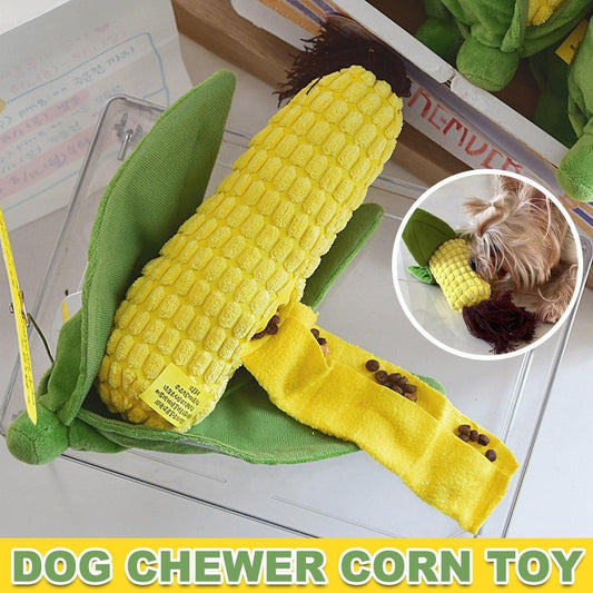Plush Corn Chew Toy with green husk leaves and a yellow fabric strip for hiding kibble