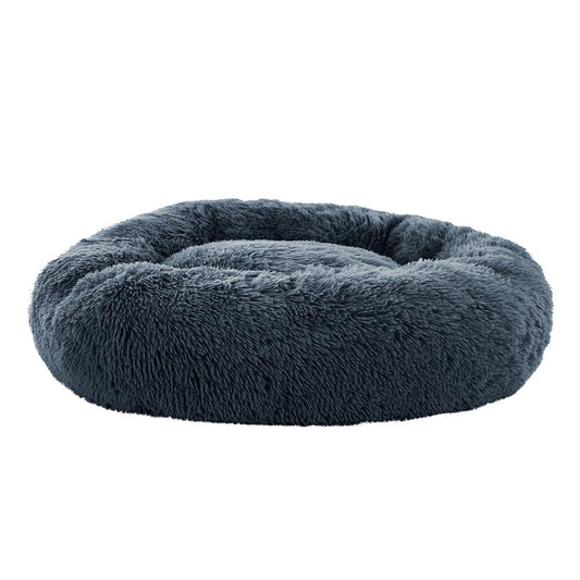 Dark grey 90cm Plush Calming Dog Bed with a raised round rim