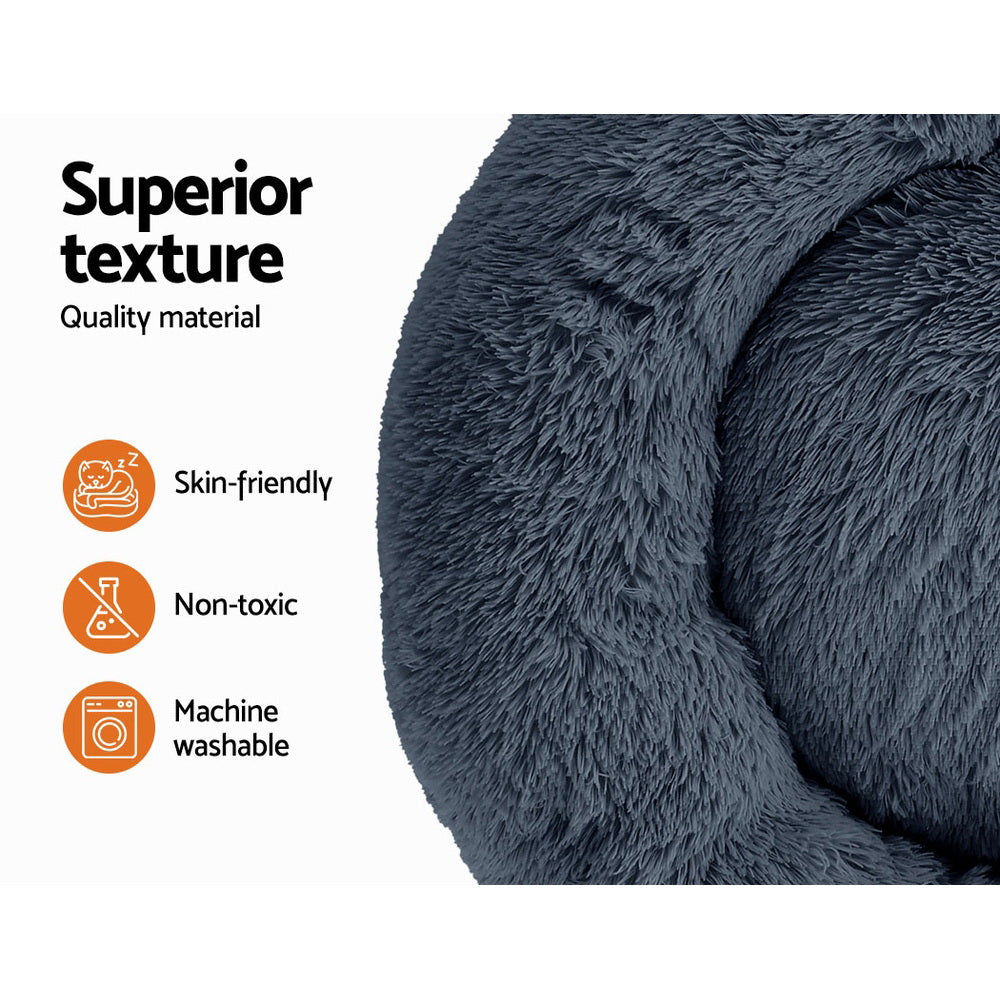 Close up of the soft faux fur on the dark grey Plush Calming Dog Bed