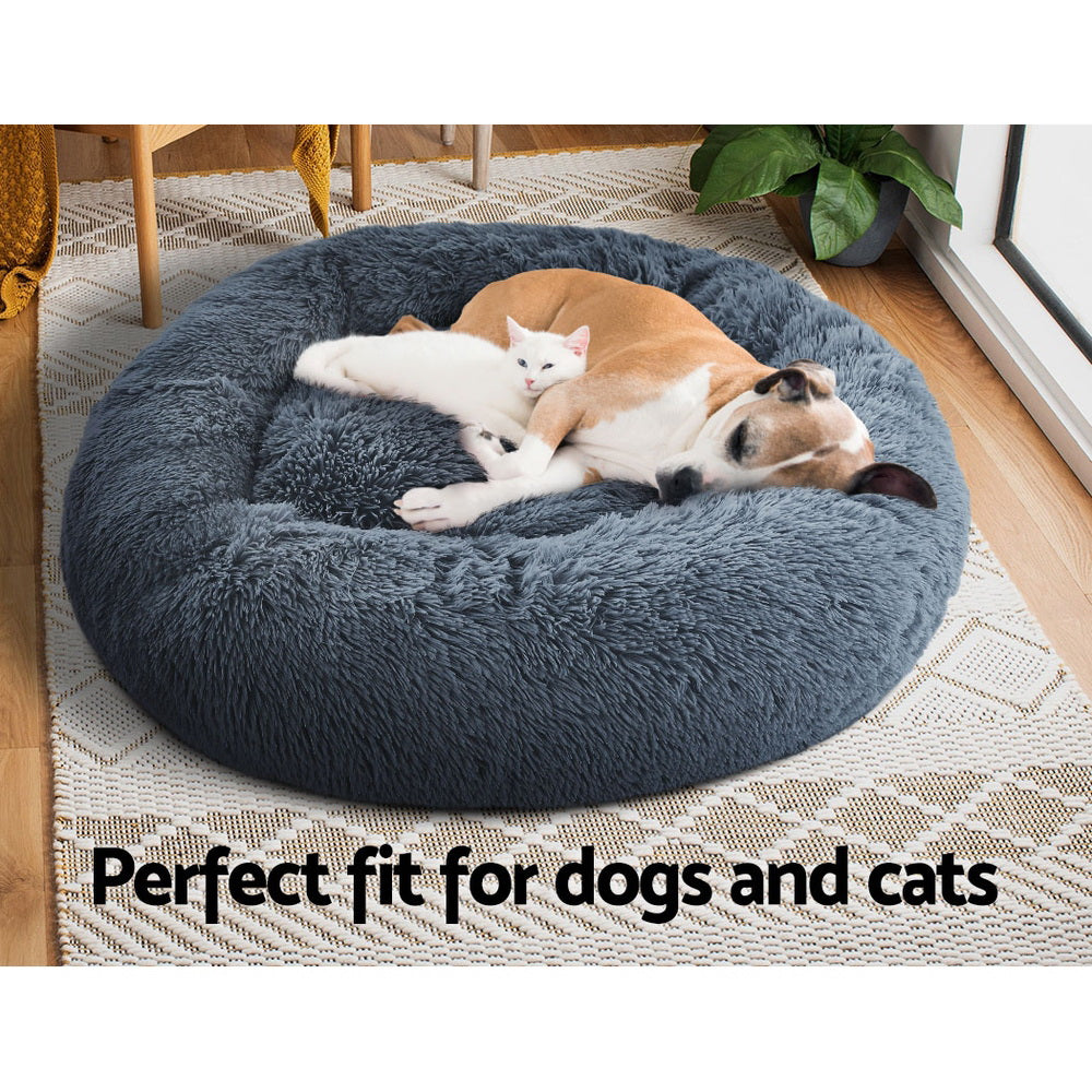 Dog and kitten curled up together in the dark grey 90cm Plush Calming Bed