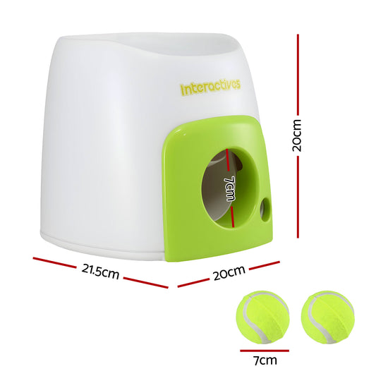 Dog Ball Launcher size guide: 21.5 x 20 x 20cm, with two 7cm balls
