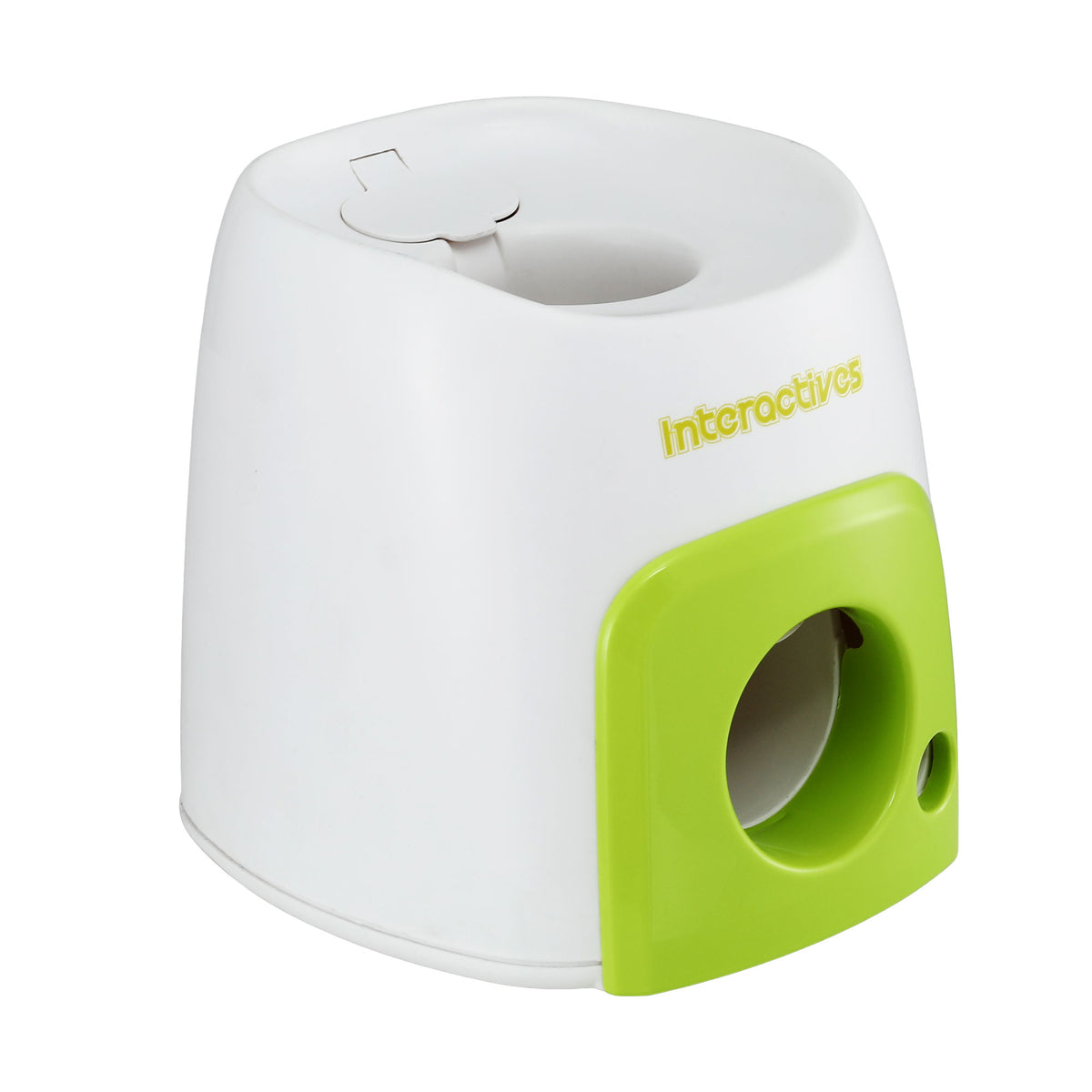 Side view of the white and green Dog Ball Launcher and Treat Dispenser