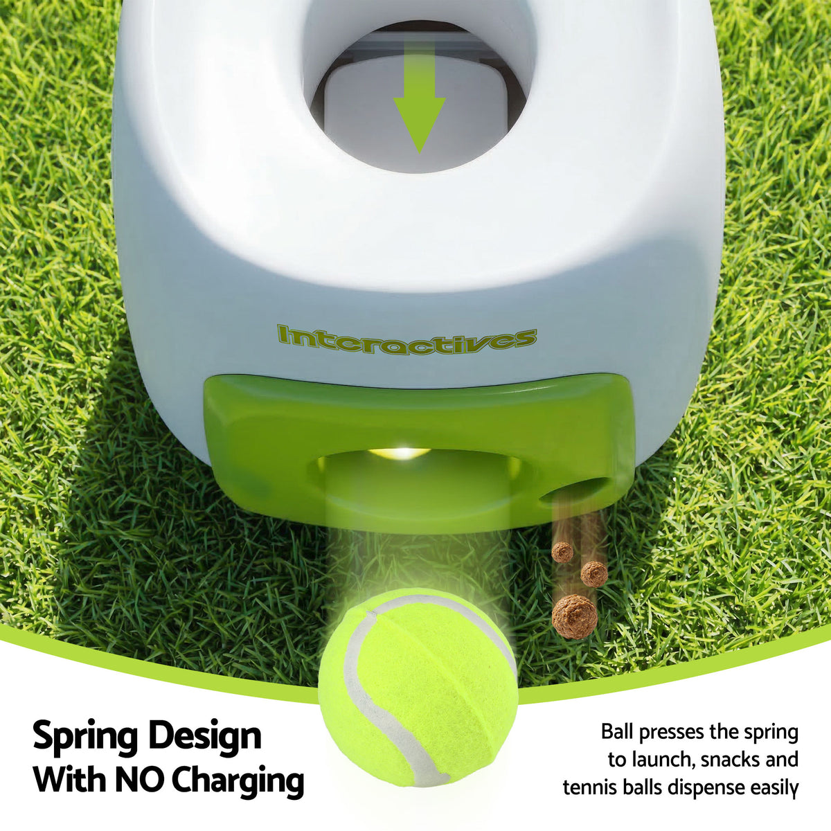 Spring-loaded Dog Ball Launcher releasing a ball and snacks, with no charging needed