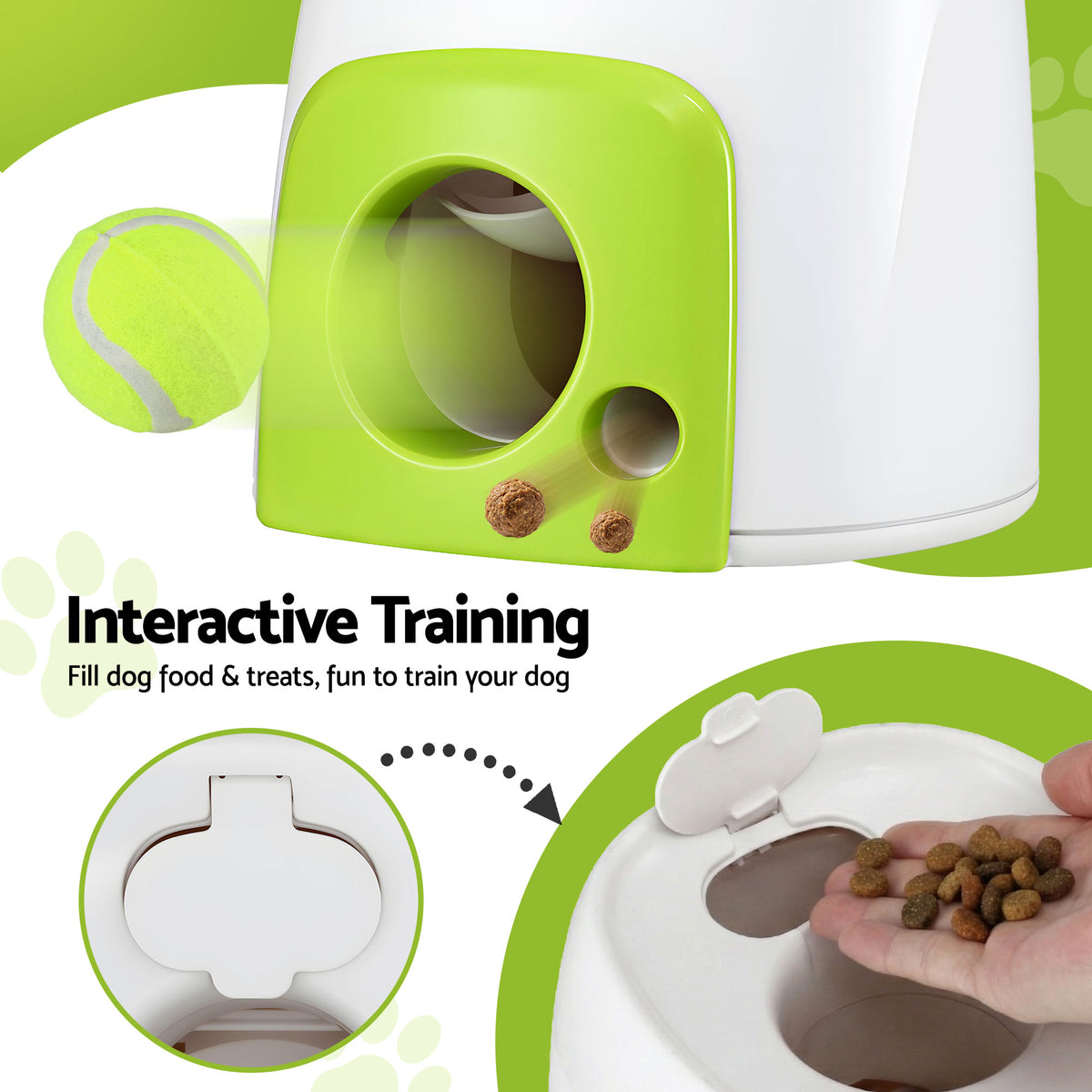 Treat compartment on the Dog Ball Launcher being filled with kibble for training