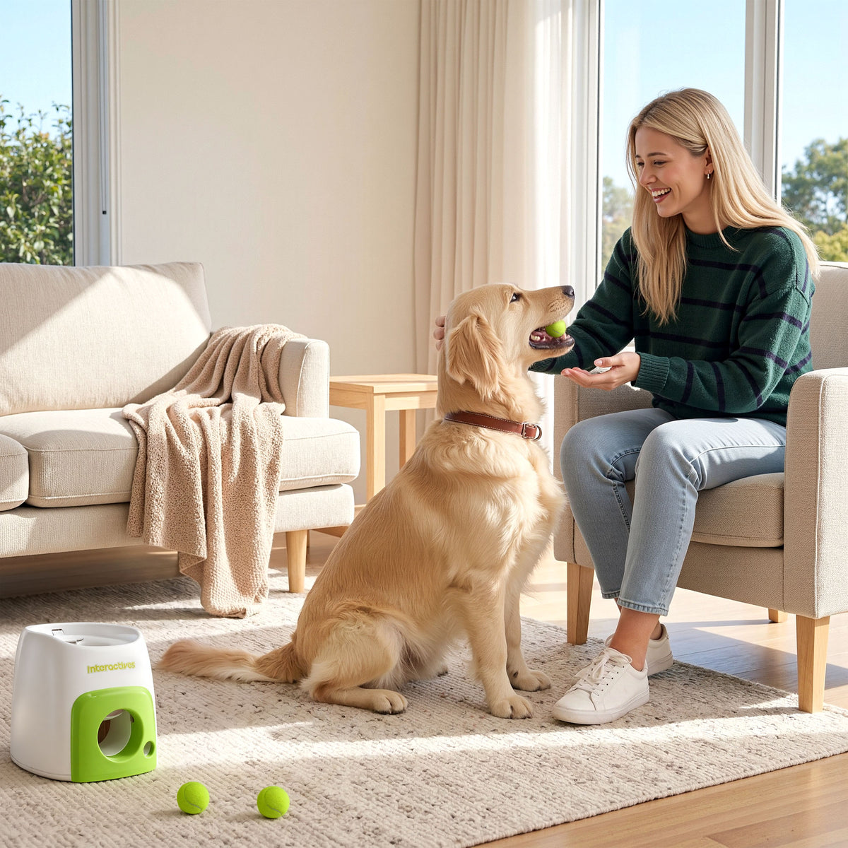 Woman and golden retriever relaxing in a living room beside the Dog Ball Launcher