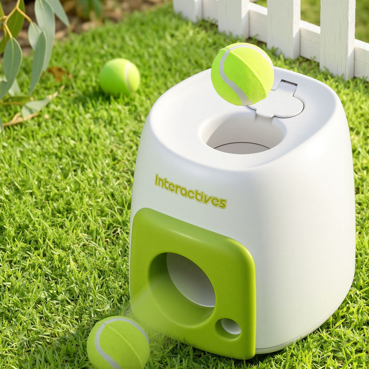 Tennis ball dropping into the top of the Dog Ball Launcher on backyard grass