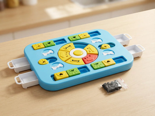Blue Level 2 dog puzzle toy with sliders, a spinning wheel and side drawers