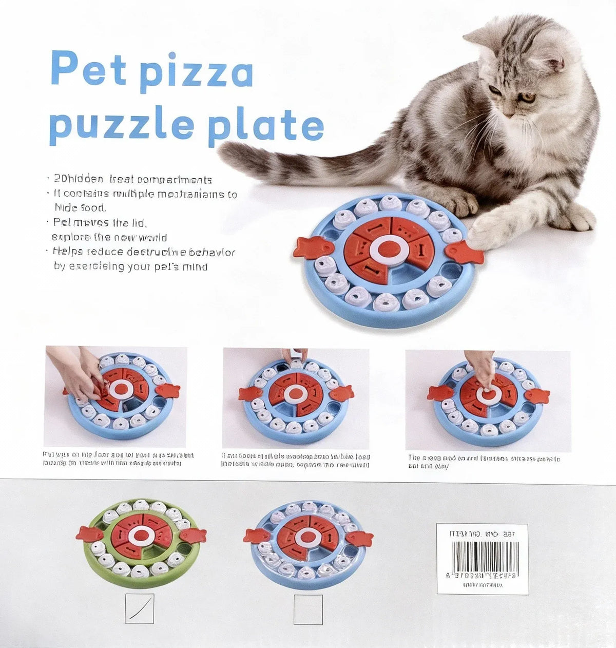 Pizza Puzzle packaging with a cat playing and close ups of the treat compartments