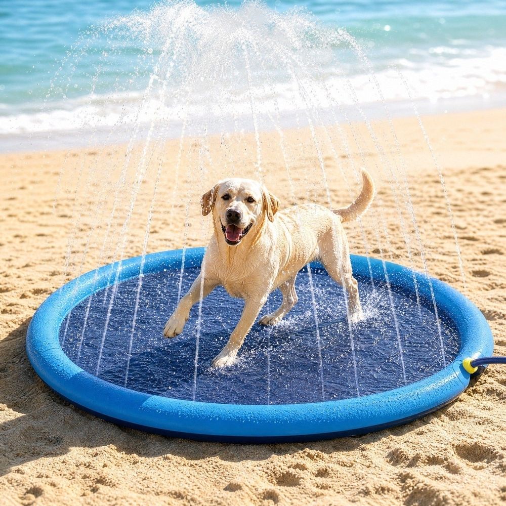 Labrador puppy playing in the sprinkler jets of the Dog Splash Pad on a sandy beach
