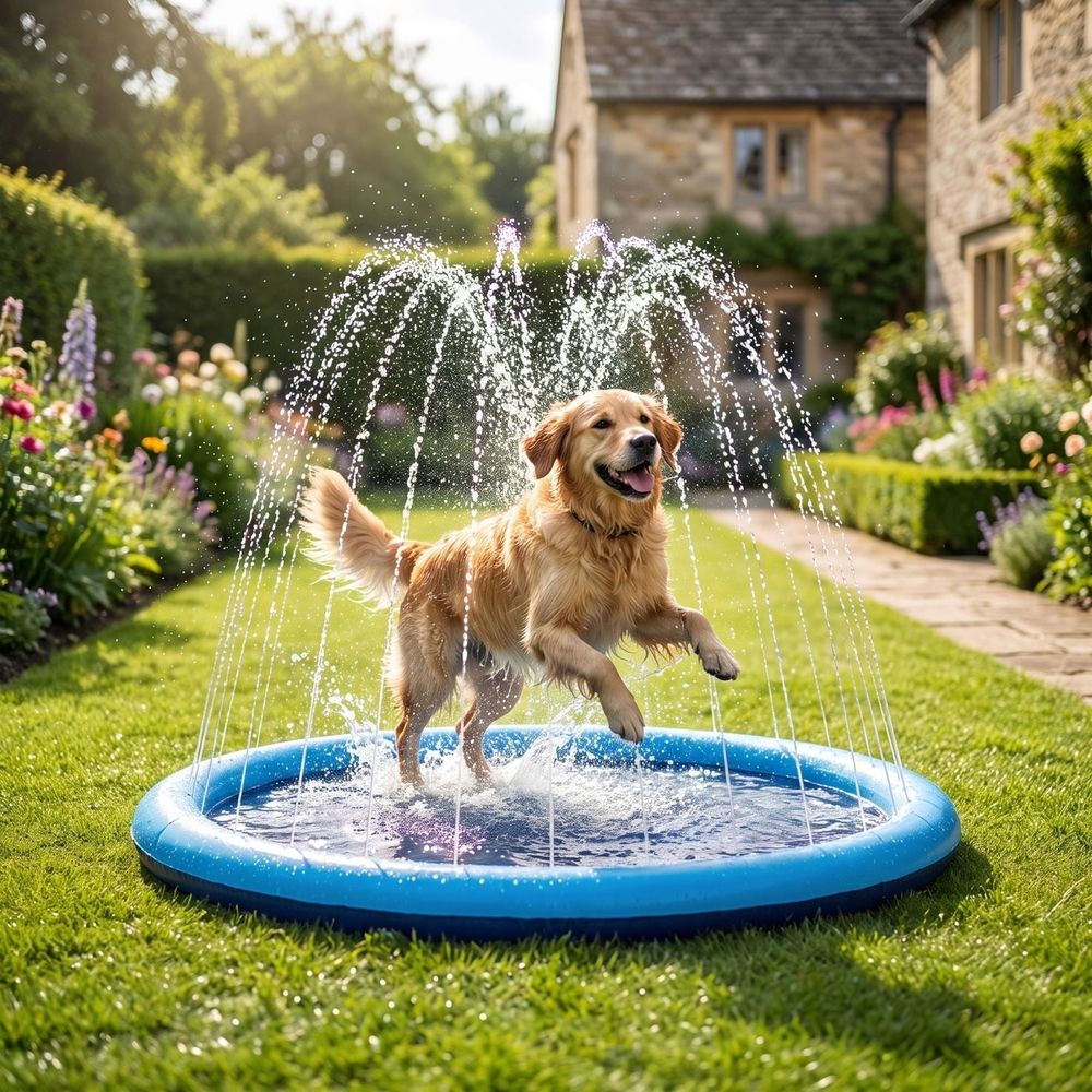 Golden retriever splashing in the Dog Splash Pad sprinkler on a sunny garden lawn