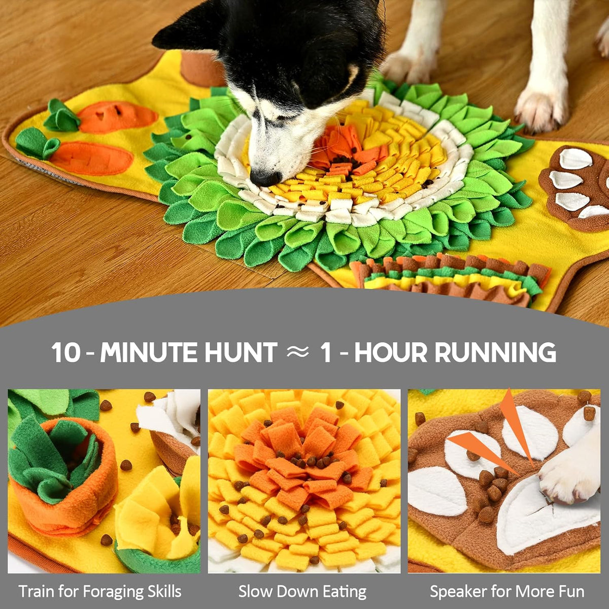 Dog foraging on the Snuffle Mat, with close ups of its pockets and petals