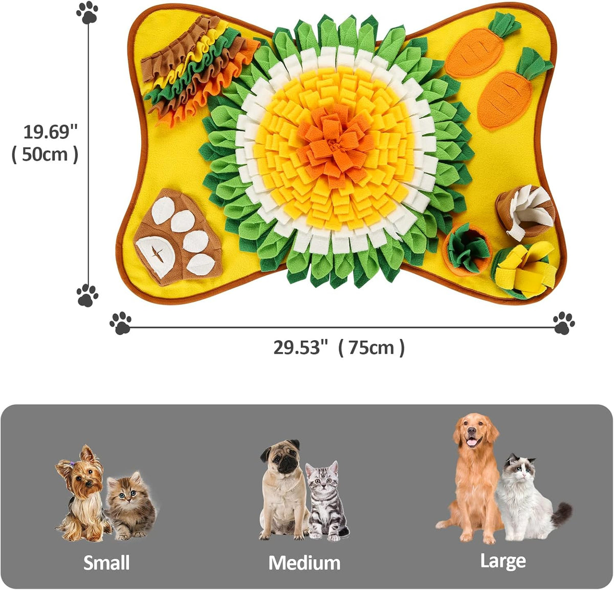 Snuffle Mat size guide: 75 x 50cm, suits small, medium and large dogs