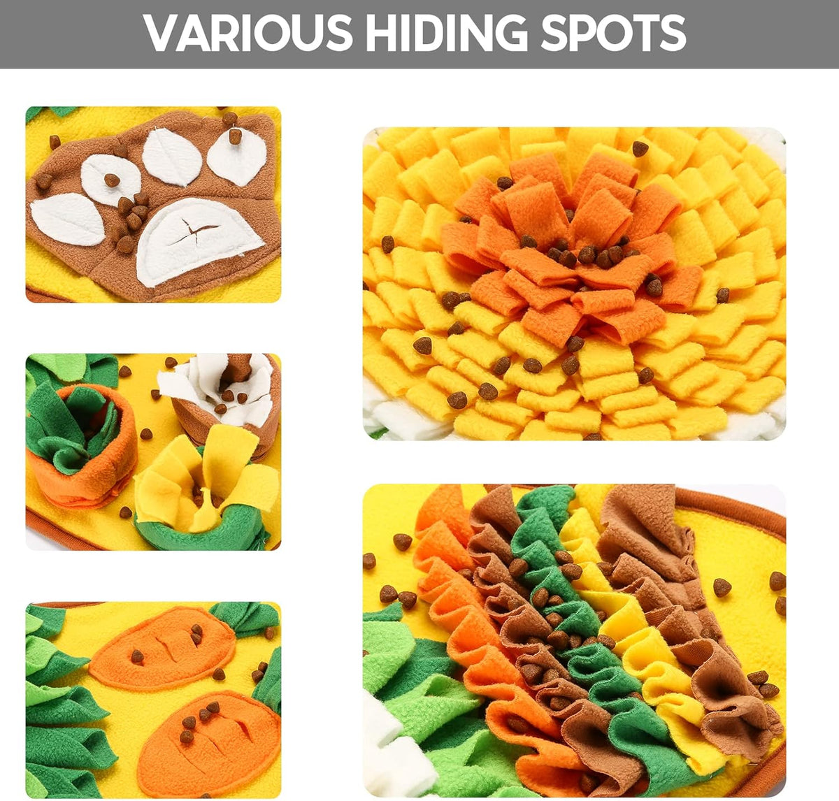 Close ups of the Snuffle Mat hiding spots: petals, pockets and fabric strips