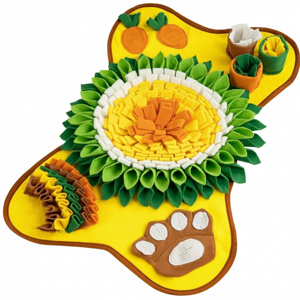 Yellow, green and orange flower-shaped Snuffle Mat with fabric carrots and a paw pocket