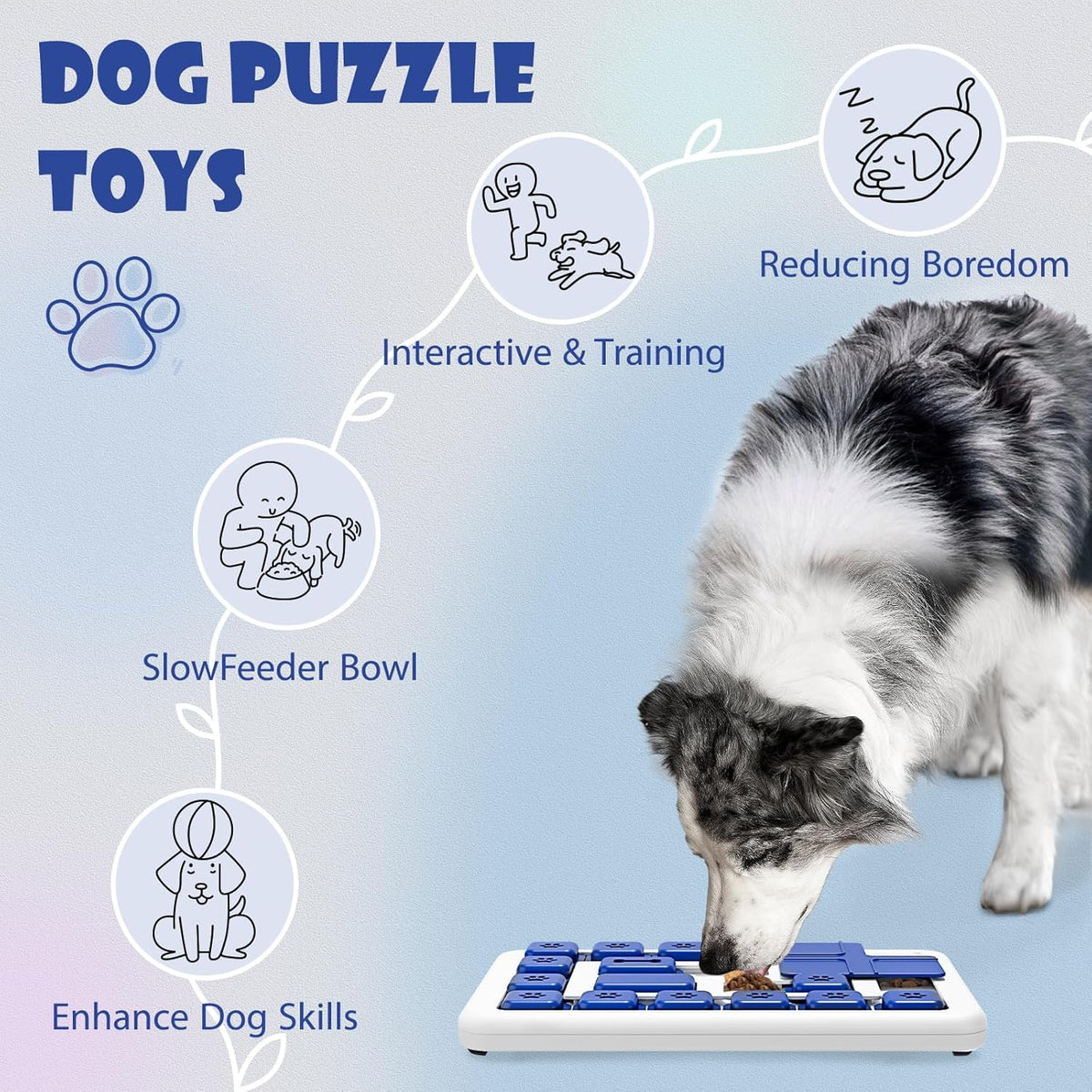 Border collie working the blue slider Puzzle Feeder for dogs