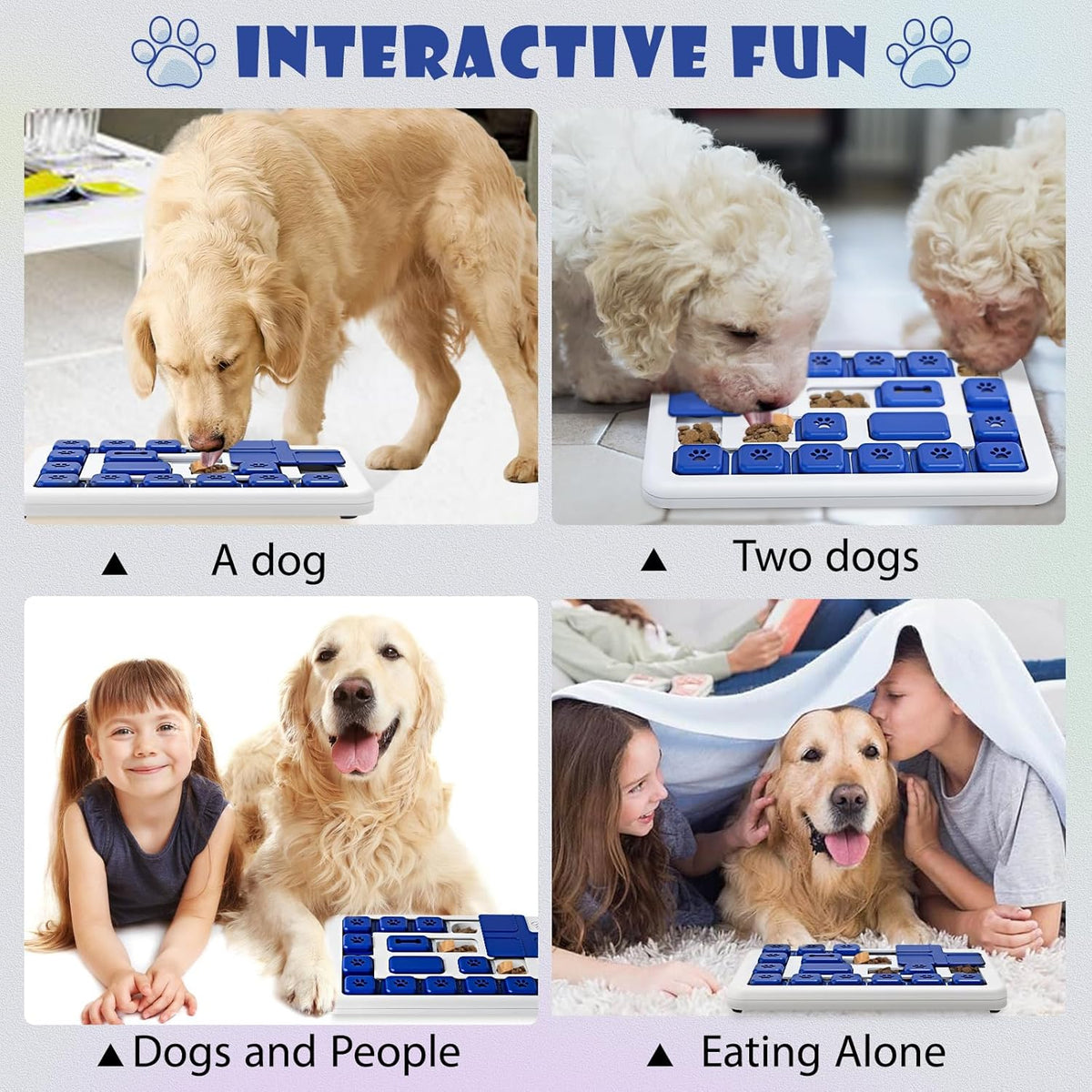 Dogs and children playing with the blue slider Puzzle Feeder together