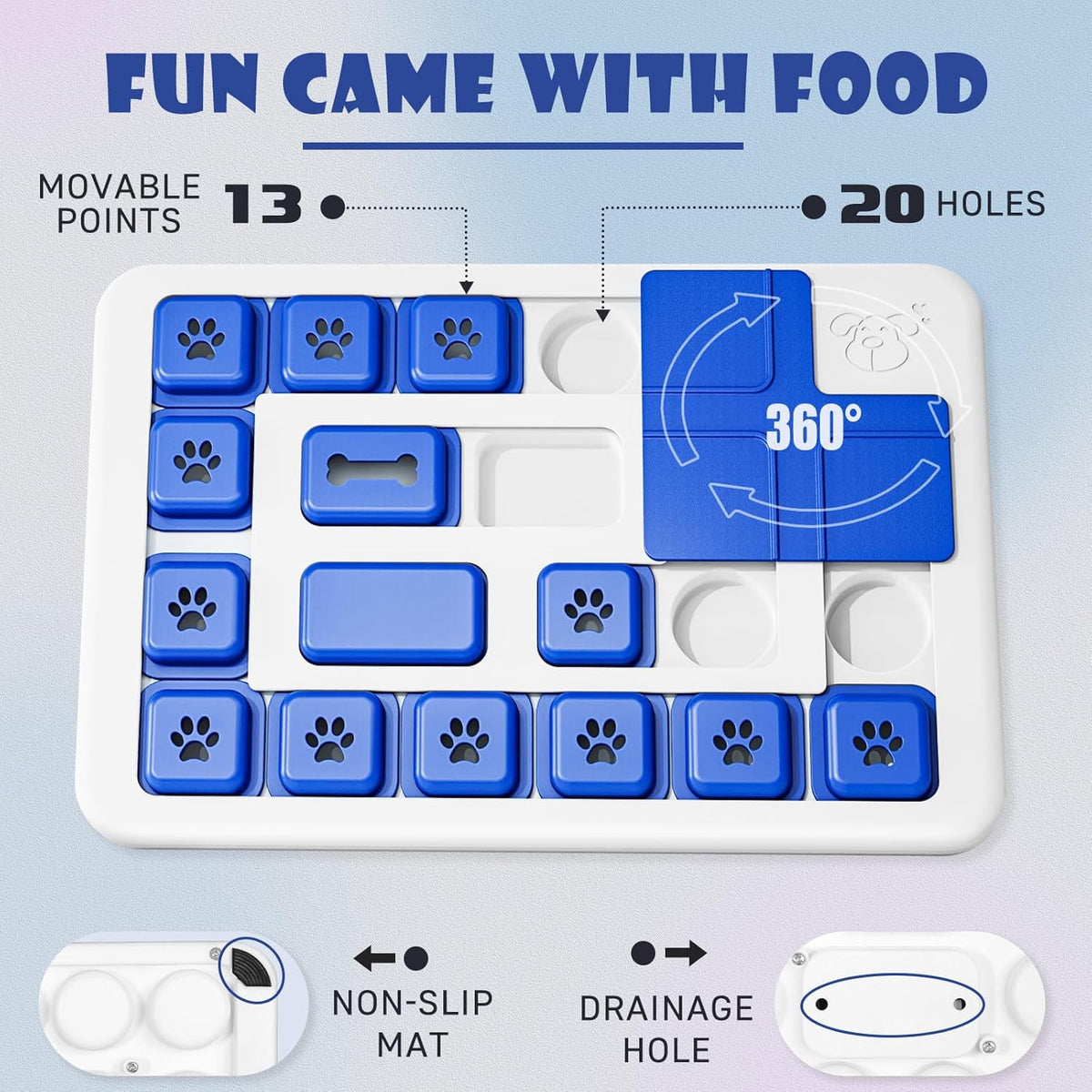 Puzzle Feeder features: 13 movable sliders, 20 treat holes and a non-slip mat