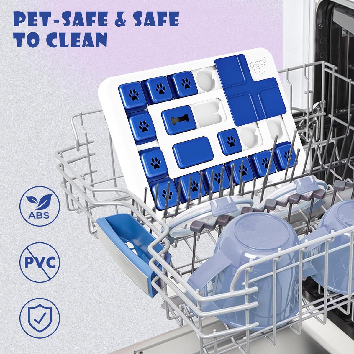 Blue slider Puzzle Feeder in a dishwasher rack for easy cleaning