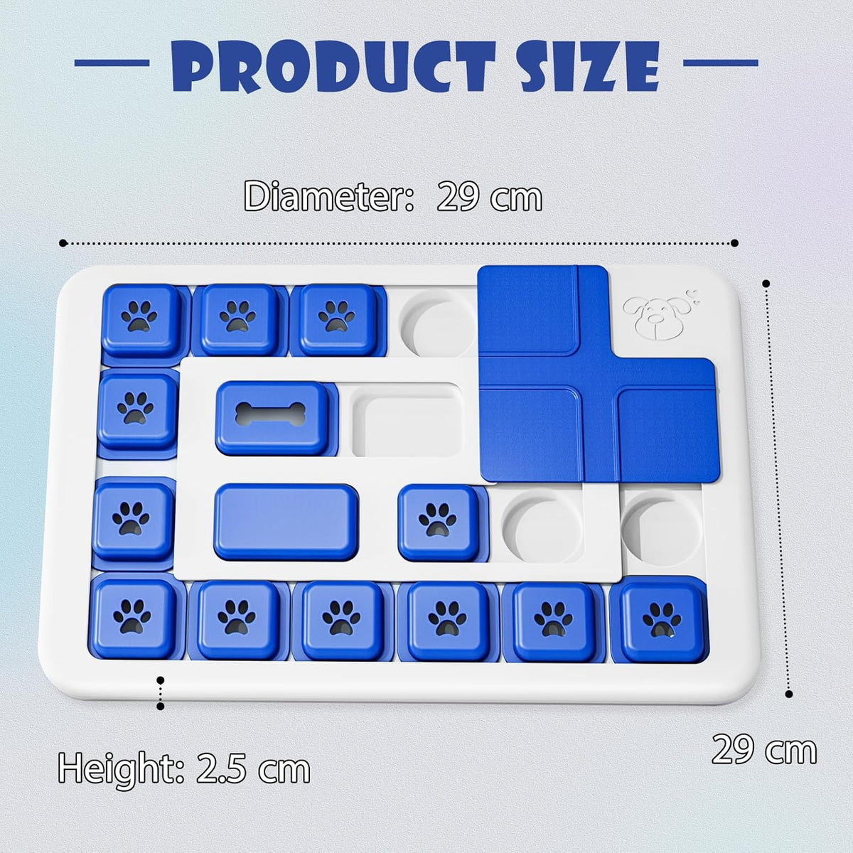 Puzzle Feeder size guide showing its dimensions and 2.5cm height