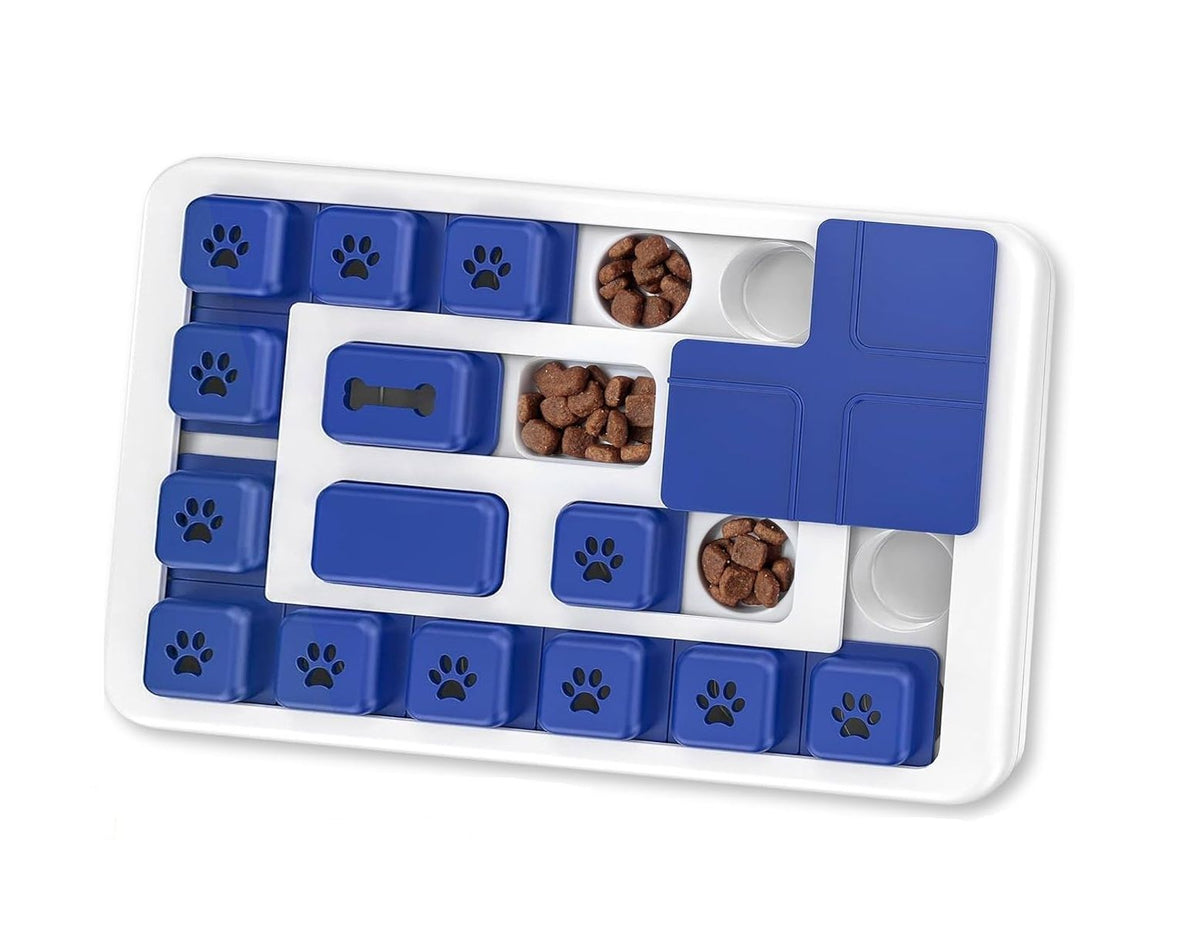 Blue and white slider Puzzle Feeder for dogs with treats in three wells