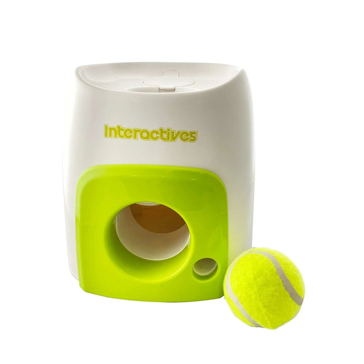AFP Treat Reward ball drop dog puzzle in white and green with a tennis ball