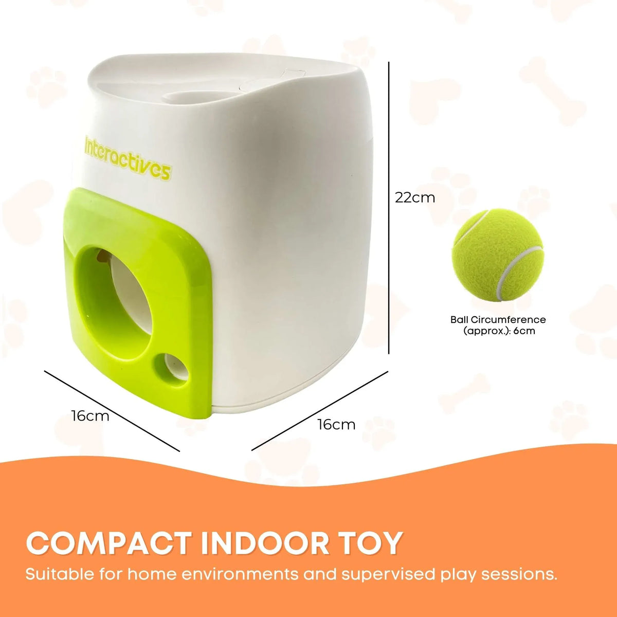 AFP Treat Reward ball drop puzzle size guide: 22cm tall and 16cm wide, with tennis ball