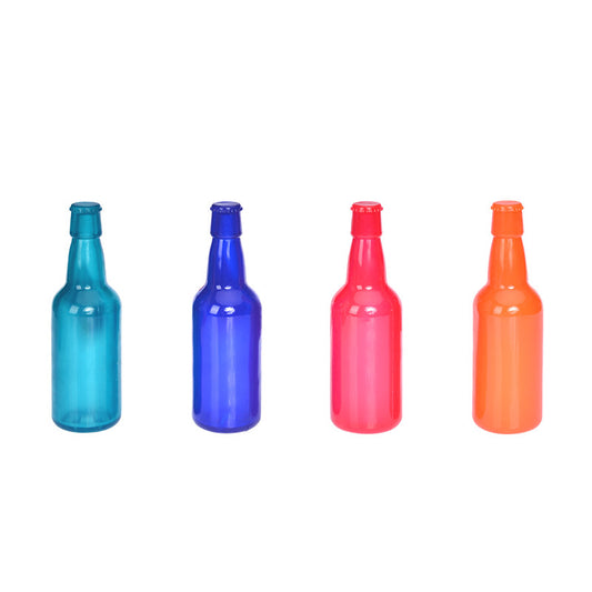 Bottle-shaped Puppy Treat Toys in teal, blue, pink and orange