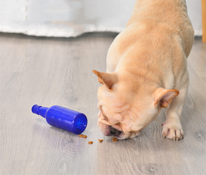 French bulldog sniffing kibble that has rolled out of a blue Puppy Treat Toy