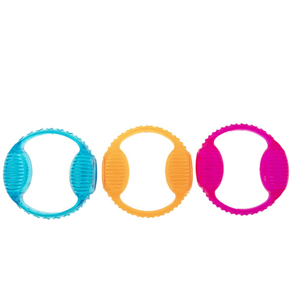 Textured rubber ring chew toys in blue, orange and pink from the Puppy Teething 4-Pack