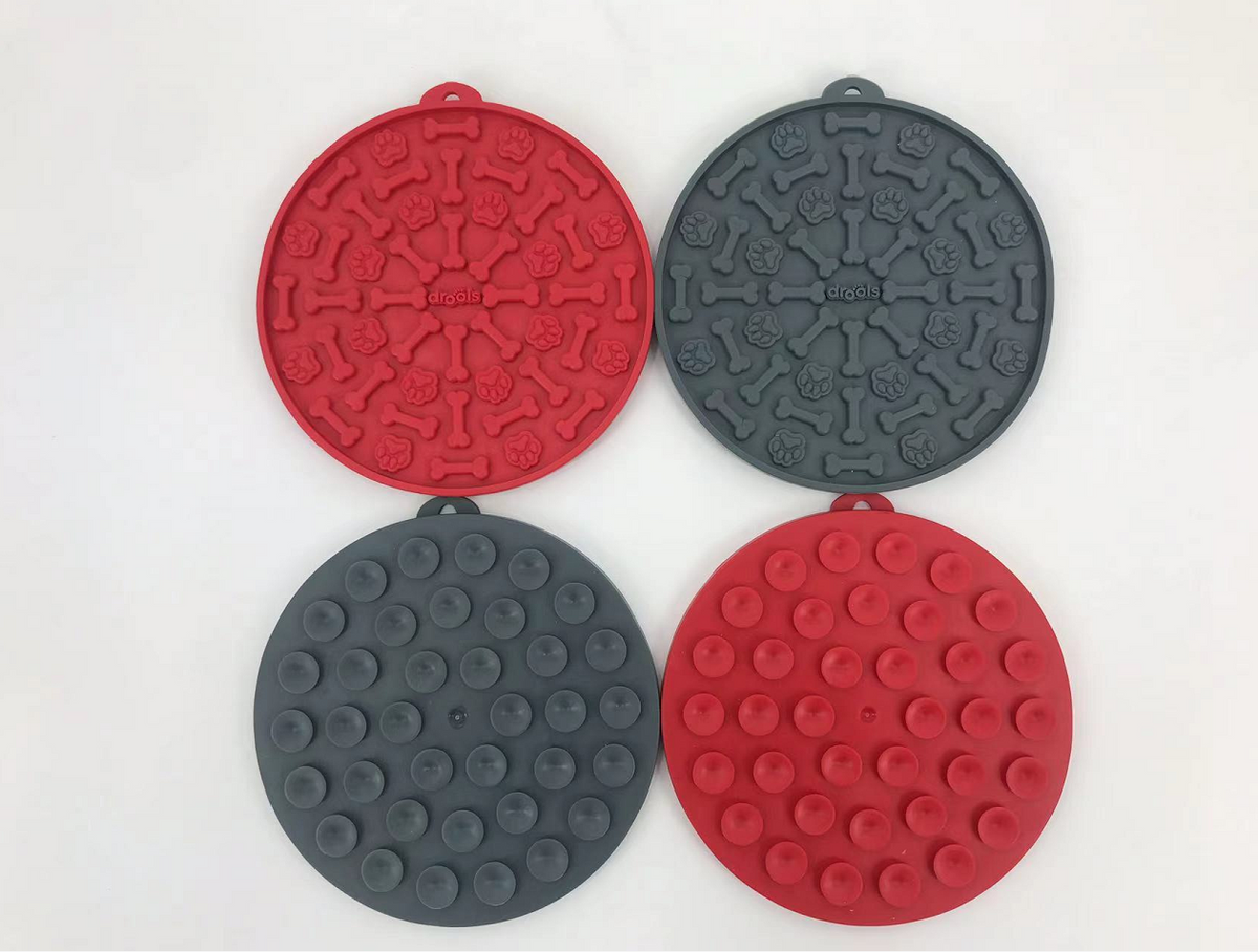 Dog Lick Mat 4-Pack: two red and two grey round textured lick mats