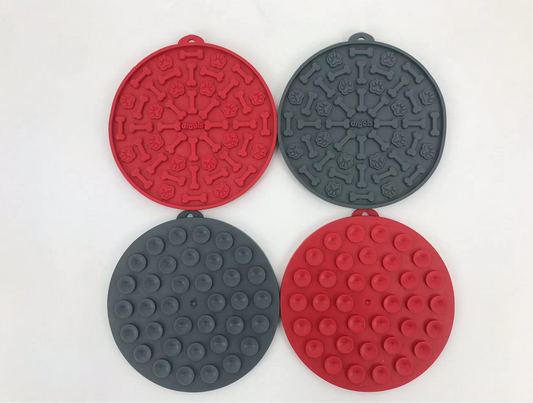 Dog Lick Mat 4-Pack: two red and two grey round textured lick mats