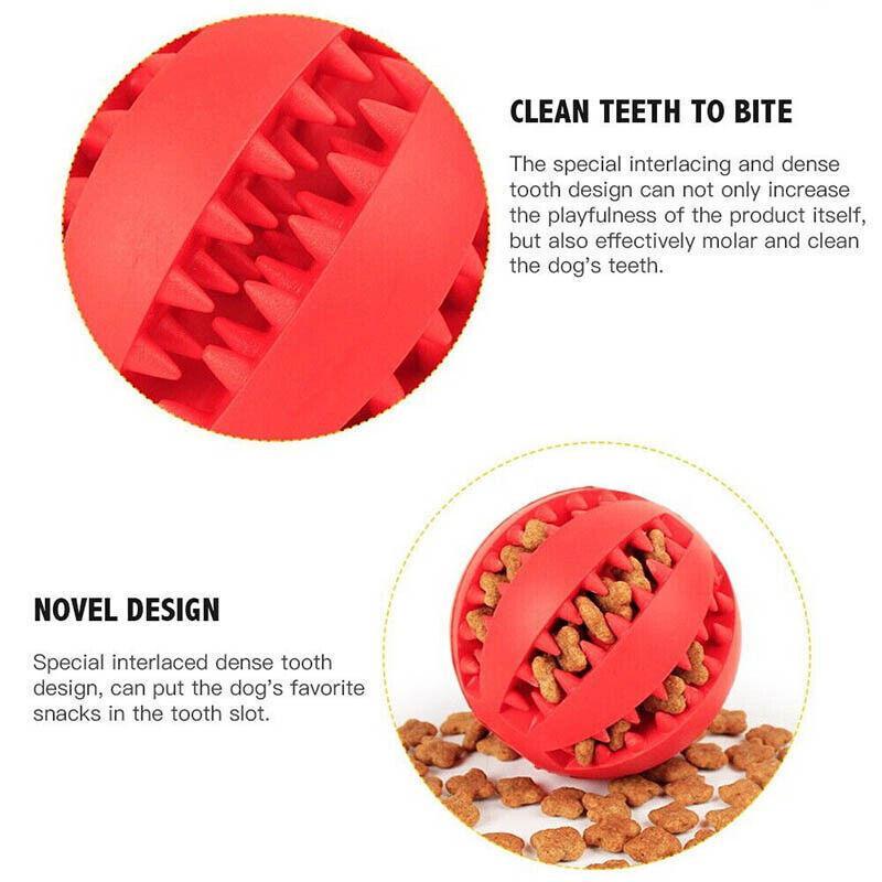 Close up of the textured grooves on a red Rubber Treat Ball with kibble tucked in