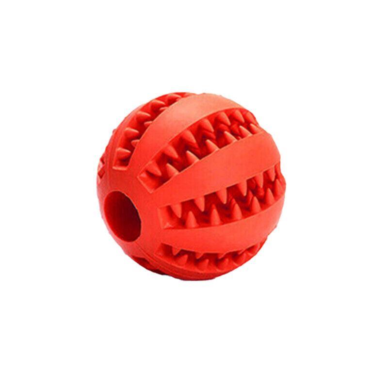 Red Rubber Treat Ball with textured grooves for small dogs