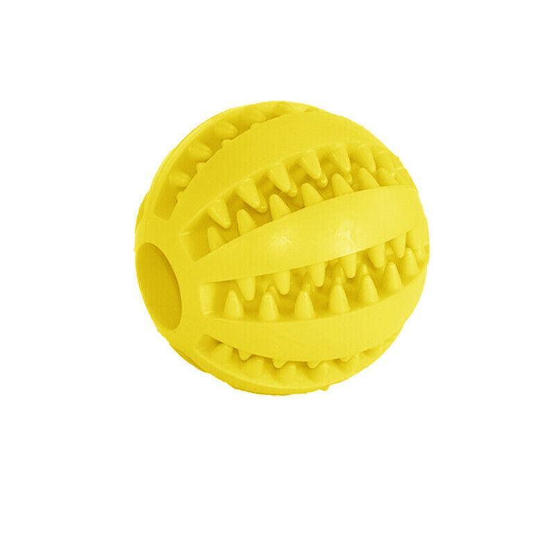 Yellow Rubber Treat Ball with textured grooves for small dogs
