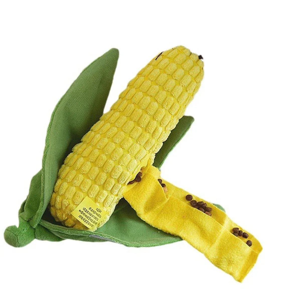 Plush Corn Chew Toy with its yellow snuffle strip and green leaves
