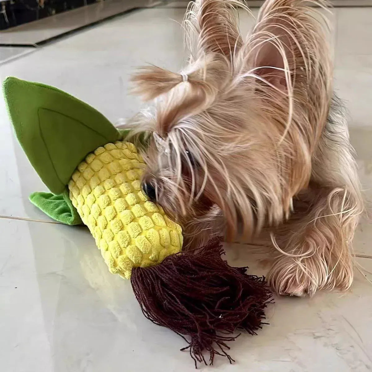 Yorkshire terrier nosing the plush Corn Chew Toy on a tiled floor