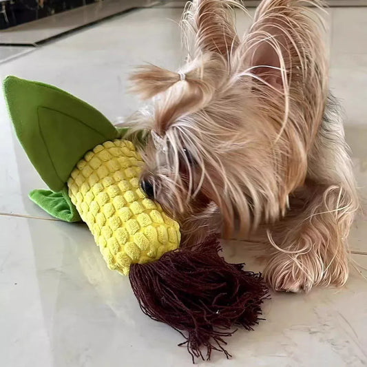 Yorkshire terrier nosing the plush Corn Chew Toy on a tiled floor