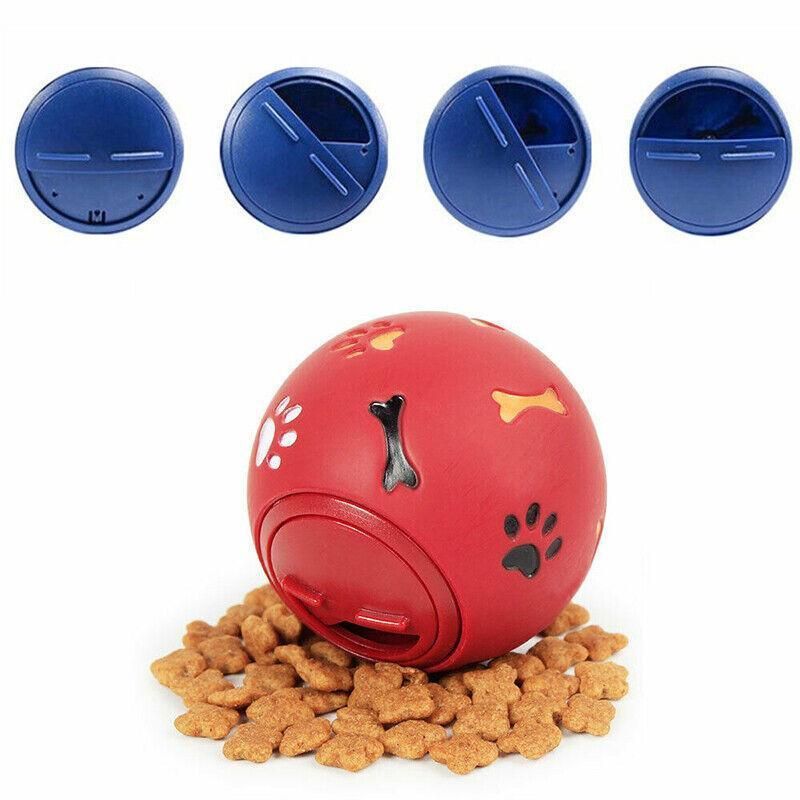 Red Treat Tumbler Ball on kibble, with its adjustable opening settings shown above