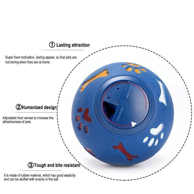Blue Treat Tumbler Ball with notes on its adjustable opening and tough rubber build