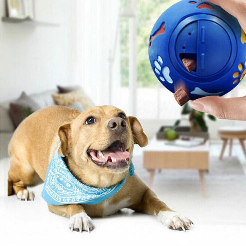 Happy dog in a blue bandana watching a hand load treats into a Treat Tumbler Ball