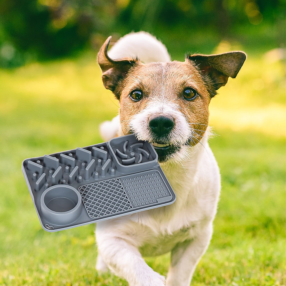 Jack Russell terrier carrying the grey Tough Lick Mat across the grass