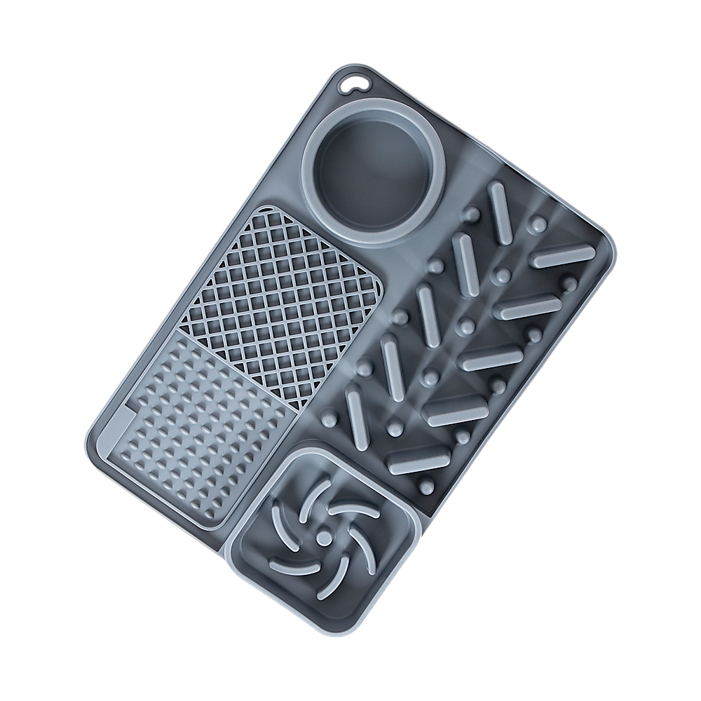 Grey Tough Lick Mat from above, showing the spiral, grid and ridge sections