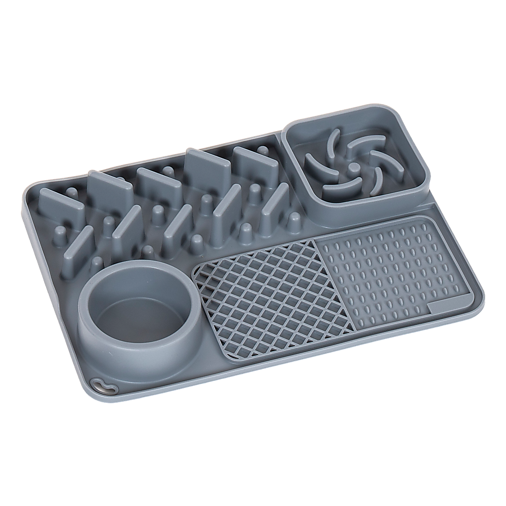 Grey Tough Lick Mat with a built-in bowl and textured licking zones