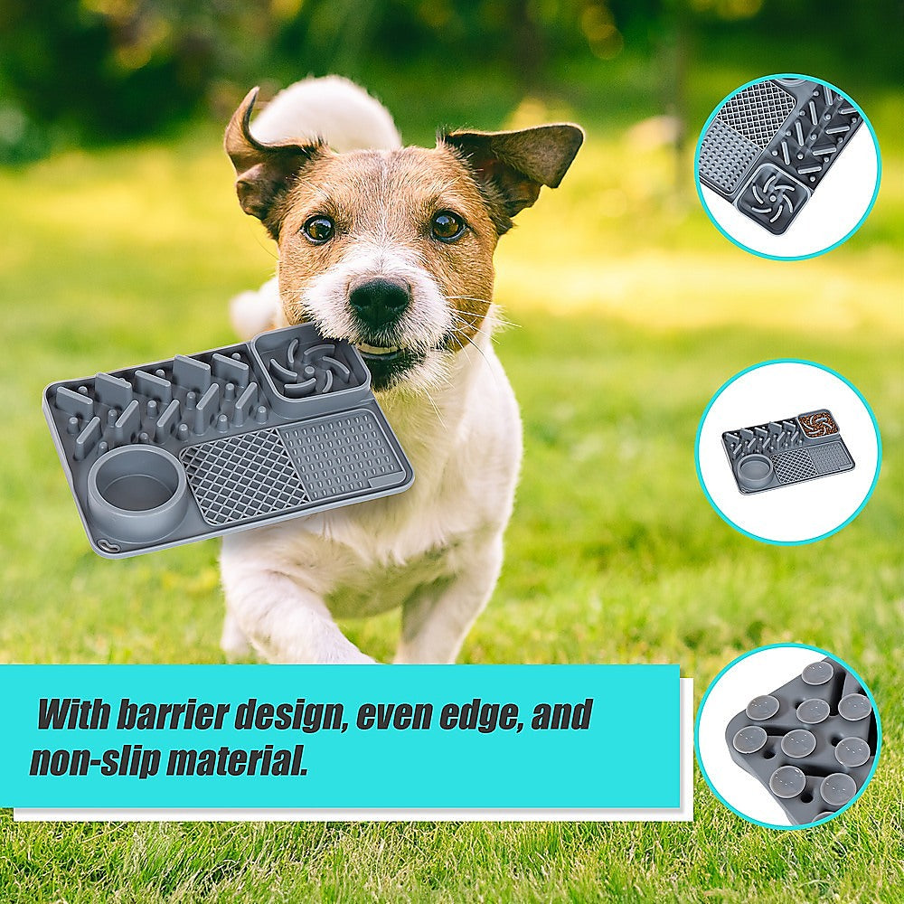 Jack Russell with the Tough Lick Mat, plus close ups of its raised edge and non-slip back