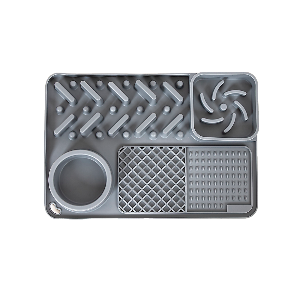 Top view of the grey Tough Lick Mat for dogs