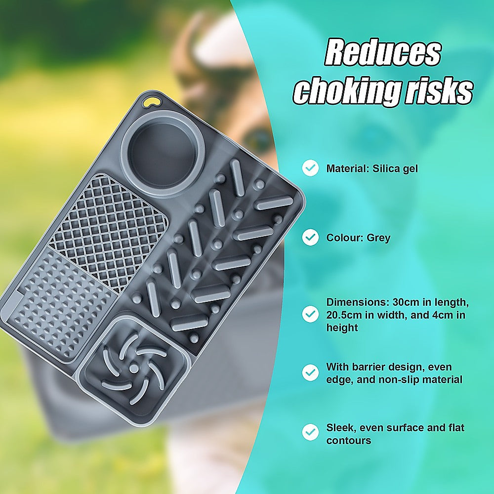 Tough Lick Mat features: grey silicone, 30 x 20.5cm, smooth edges and non-slip back
