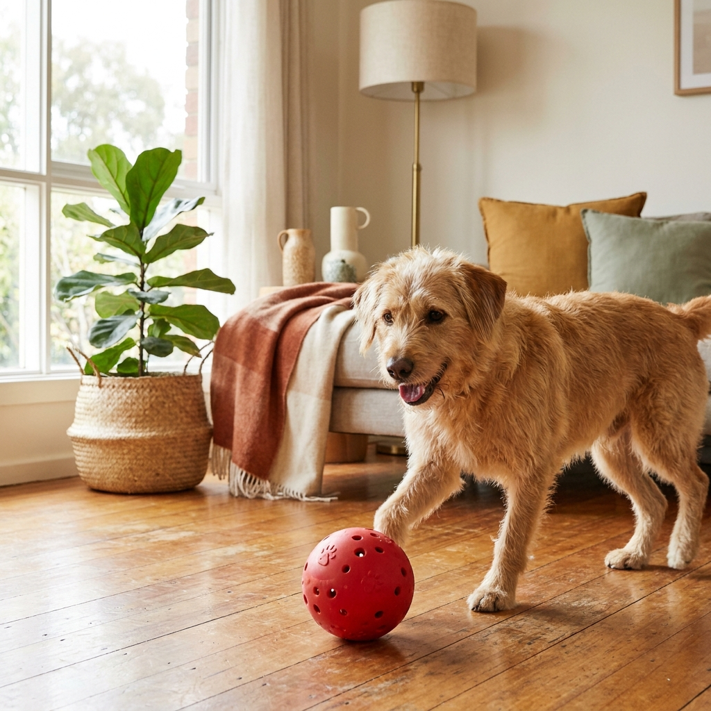 Golden retriever nudging the red Treat Tumbler Ball across a timber living room floor