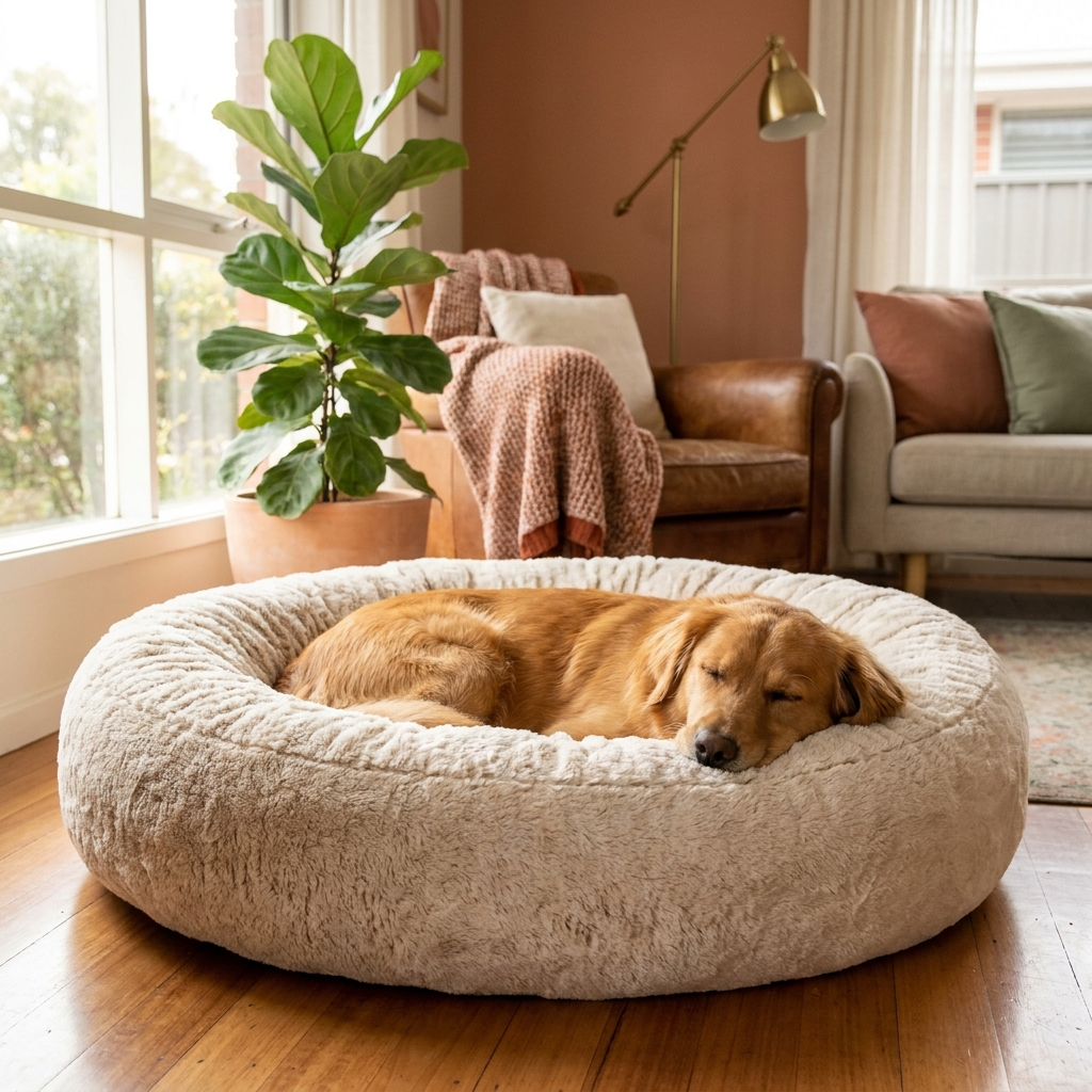 Golden retriever asleep in a round plush calming bed, shown here in beige