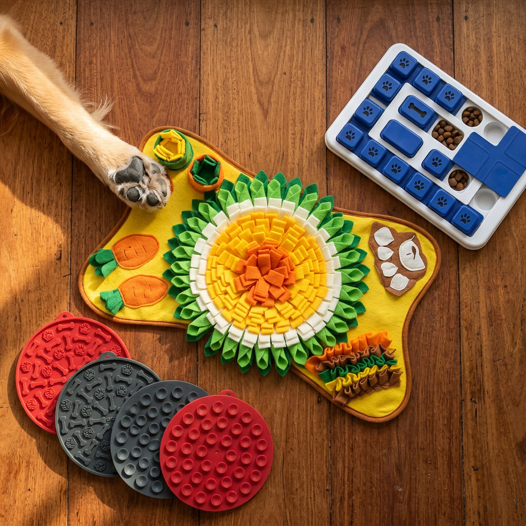 Home Alone Kit on a timber floor: Snuffle Mat, Puzzle Feeder and four lick mats